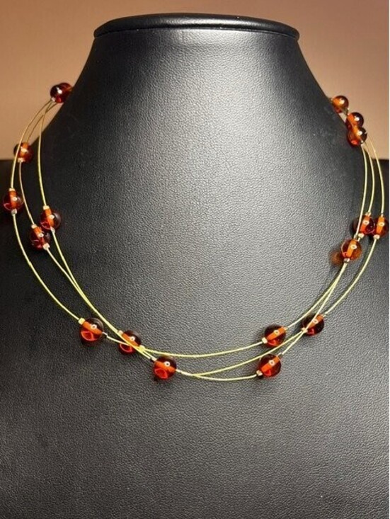 Jewelry - B5933 3-Strand Floating Amber Necklace Gold Tone Wire Sterling silver clasp 18"